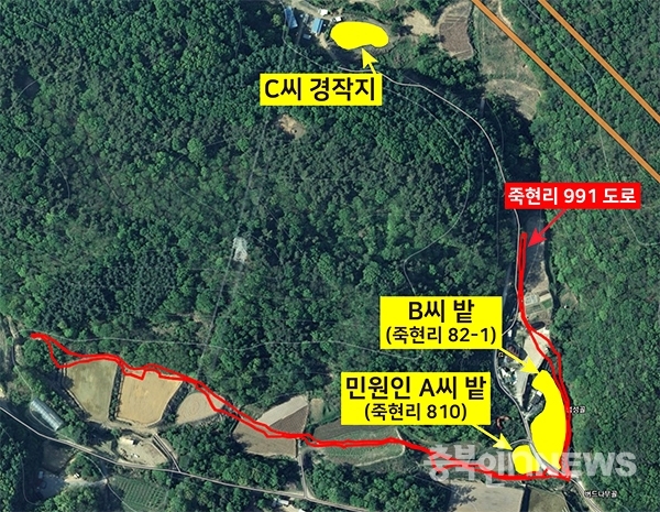 진천군 광혜원면 죽현리 국유재산 991 도로부지 무단점유 지도.