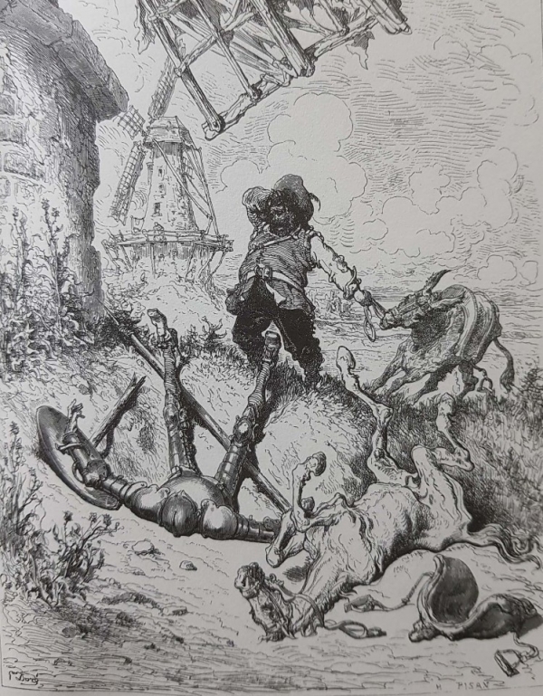 Gustave Doré가 1863년 프랑스판 돈키호테 책에 그려 넣은 풍차 모험에 대한 이미지