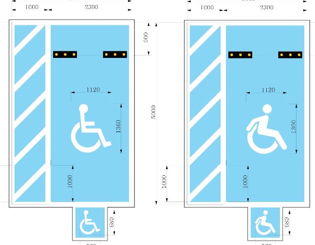 사진. 정상적으로 제자된 장애인 전용주차구역 도면. 국산차등 대부분의 차량의 운전석이 좌측에 있는 것에 따라 이동통로가 차량 왼편에 표시돼 있다.