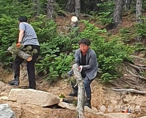 음성군 읍내리 수정산 등산로 인근 위험요소를 제거하고 있는 직원들. (사진=한동완 전의원 페이스북 캡쳐)