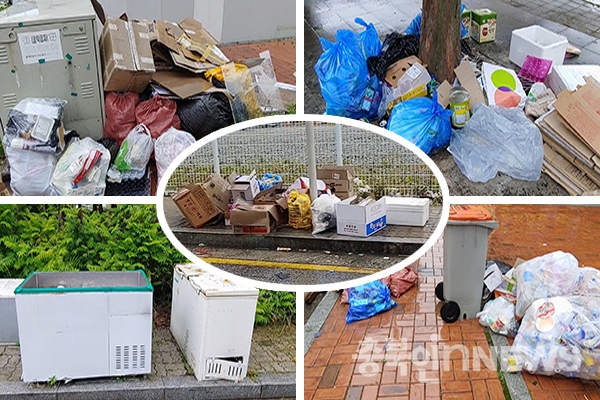 3일 충북혁신도시 시가지에 방치된 쓰레기 모습. (제공=음성타임즈)