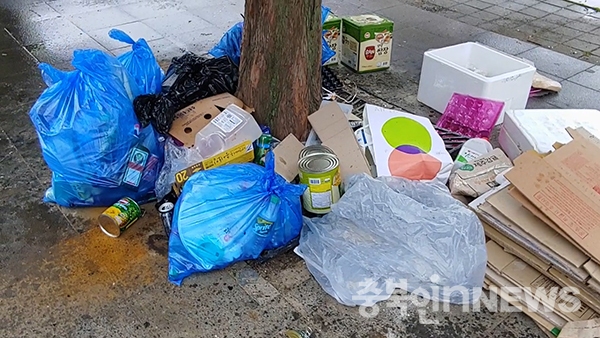 3일 충북혁신도시 시가지 인도변에 방치된 쓰레기더미들. (제공=음성타임즈)