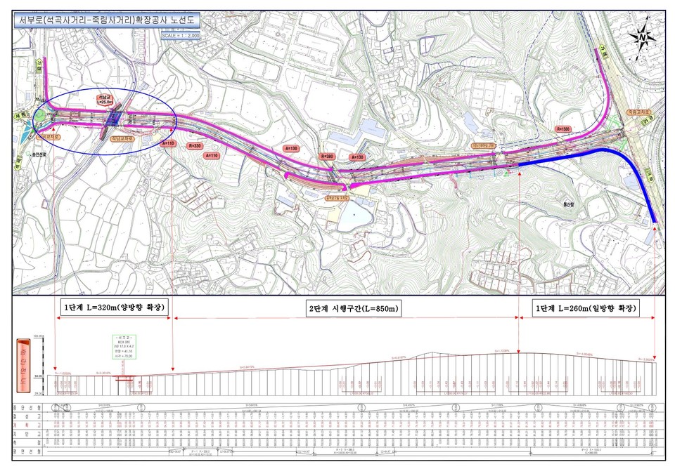 서부로(석곡사거리_죽림사거리) 확장공사 전체종평면도 / 청주시
