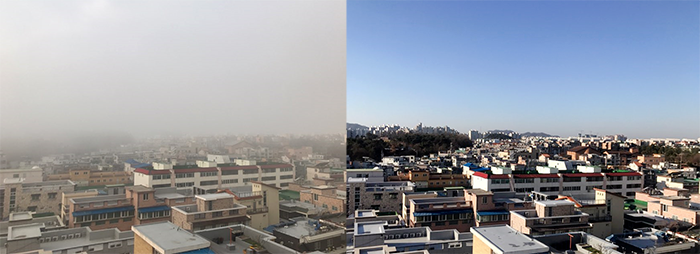 충북대학교 정문 인근  미세먼지 있는 날과 없는 날의 차이(사진 : 충북인뉴스DB)