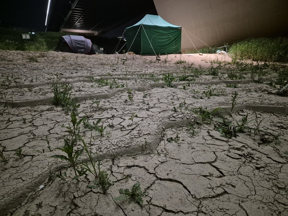 세종보 수문이 닫혀 담수 당시 퇴적된 뻘이 말라 쩍쩍 갈라진 세종시 세종보 상류 일부 전경 (사진=김남균 기자)