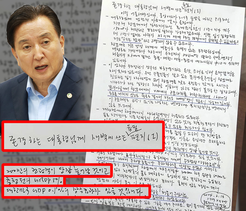 김영환(국민의힘) 충북도지사가 윤석열 대통령에게 대청호에 400m 구름다리를 놓고 관광객을 위한 탐방선을 띄우면 연간 13조5500여원 상당의 경제효과가 있다며 규제를 풀어달라는 편지를 작성했다.