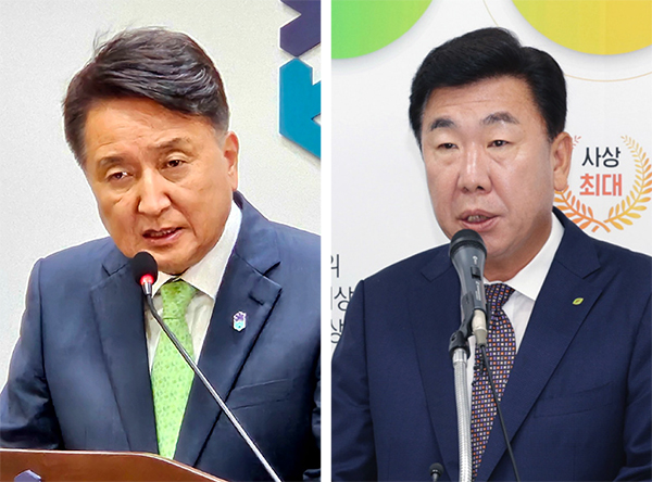 충북도가 추진하는 초다자녀지원정책에 청주시가 불참 하면서, 김영환 지사의 정치력에 대한 문제가 제기됐다.  사진은 김영환(왼쪽) 도지사와 이범석(오른쪽) 청주시장