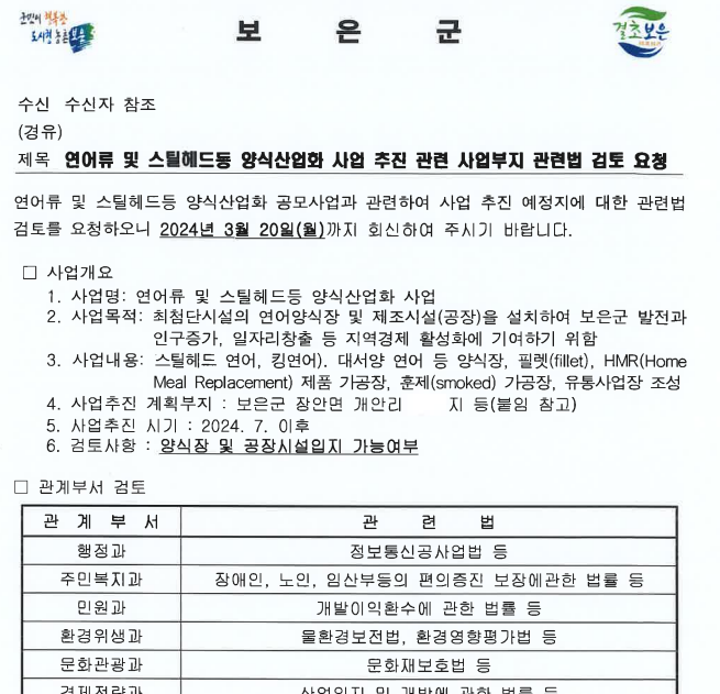 보은군이 3월 21일 산하 부서에 발송한 공문.  '연어류 등 양식산업화' 민간사업자를 선정하는 심의위원회가 구성되기도 전에 박덕흠 의원  측근 인사가 관여된 회사의 사업부지에 대해 법리 검토를 해 달라는 내용이 담겨있다. 작성일자가 3월 21일인데 3월 20일까지 회신해 달라는 황당한 내용이 담겼다.