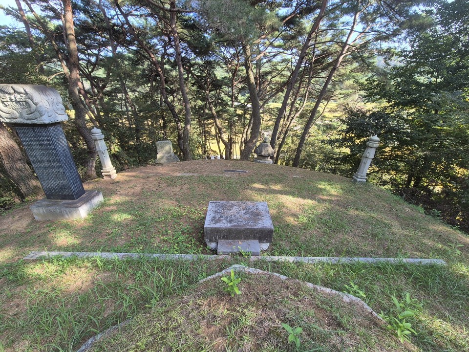 경남 사천시 곤명면 은사리 438번지에 위치한 최연국 무덤 전경. 최연국의 후손들은 단종의 태실지가 있던 자리에 무덤을 만들었다. 무덤 아래로 단종 태실지 관련 석물들이  남아있다.