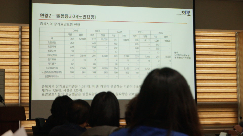 토론회 참석자들이 충북의 돌봄종사자 현황을 보고 있다.