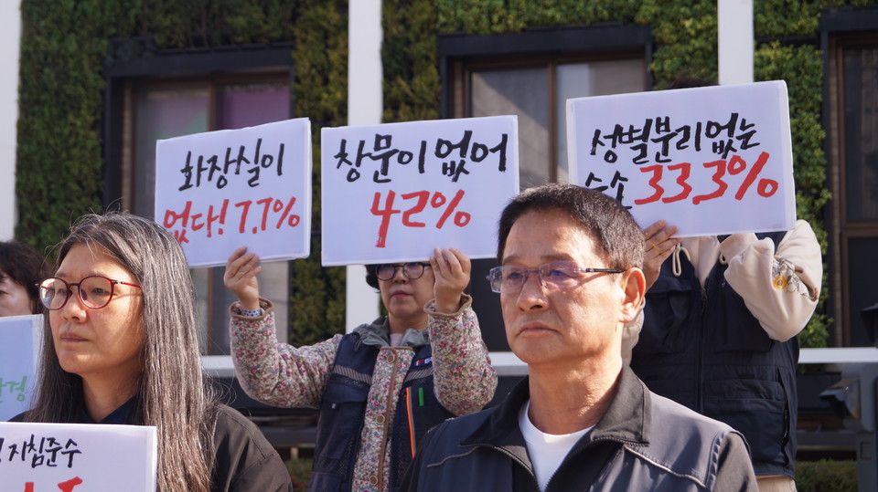이주노동자 주거 실태 조사결과 발표 기자회견에서 참가자들이 '창문이 없는 숙소 42%' '성별분리 없는 숙소 33.3%;라고 적힌 피켓을 들고 있다. (사진=이종은기자)