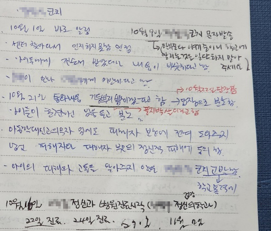 피해아동 부모가 작성한 메모. 사건 발생이후 경과가 적혀있다. 여기에는 10월 1일 운동부 지도자 코치를 만나 상황을 통보한 것과 10월 9일 코치에게 문자를 보낸 내용. 정신과 치료를 시작한다는 내용이 적혀 있다. (사진=피해부모 제공)