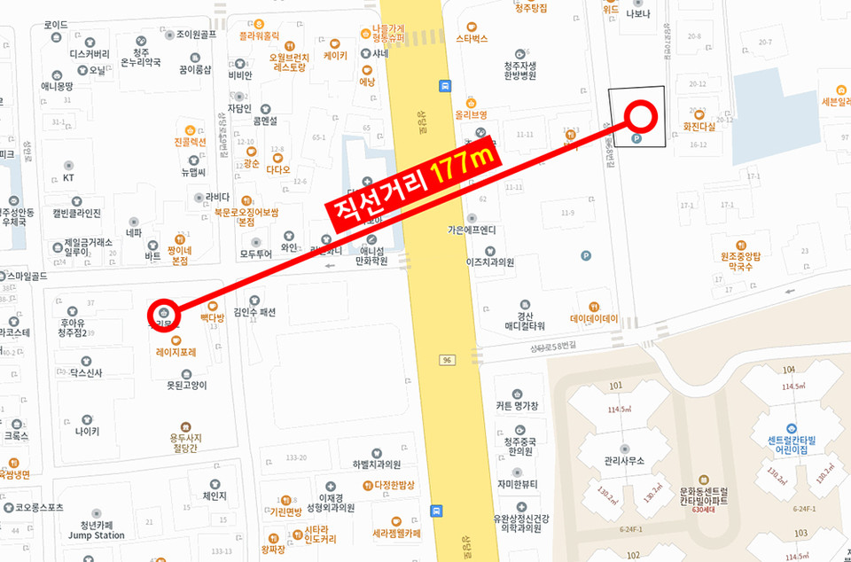 충북도인평원이 A사로 부터 구입한 주차장 부지, 신사옥 예정지와 직선거리로 177m 떨어져 있다.