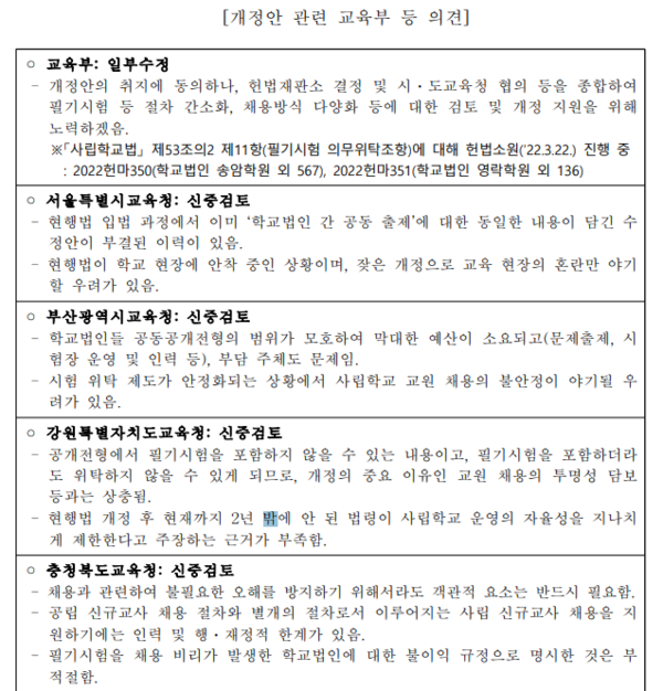 국회 교육위 '사립학교법 일부개정법률안 검토보고' 발췌.
