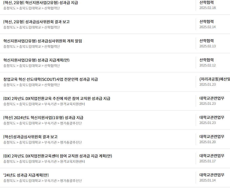 충북도립대가 작성한 '혁신지원사업' 성과급 관련 문서목록