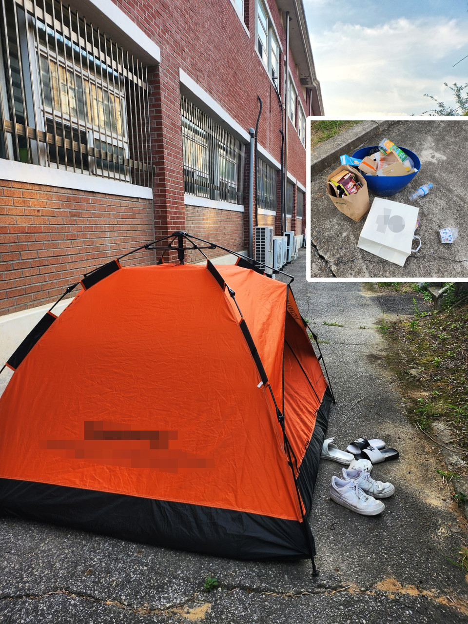 직업위탁 교육을 밝고 있는 고교생이 설치한 텐트와 이들이 먹은 뒤 버린 것으로 보이는 쓰레기 (사진=독자 제공)