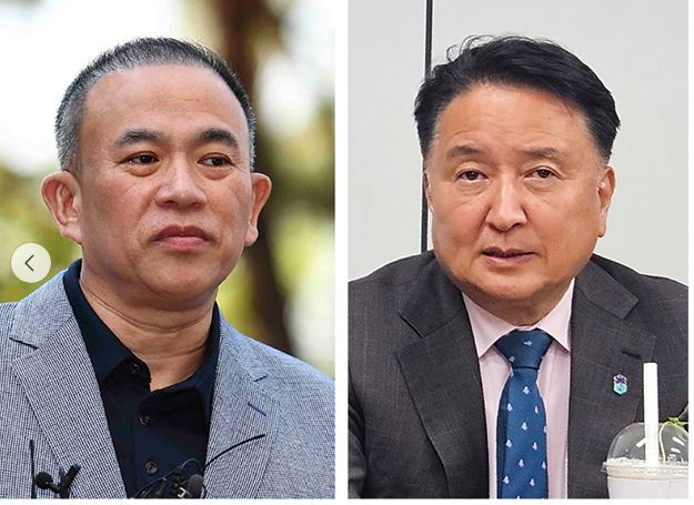 25일 명태균(왼쪽) 씨는 주진우 전 시사인 기자가 진행하는 유튜브 방송 ‘주기자 LIVE’에 출연해 김영환 충북지사(오른쪽)와 관계에 대해 입을 열었다.