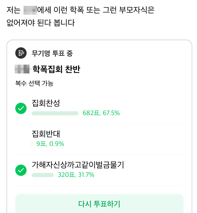 지난 9월 ‘노란리본’ 운동이 제기된 커뮤니티에 학교폭력 근절을 촉구하는 촛불집회 개최 여부를 묻는 투표가 진행됐다.