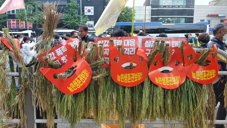 전국농민회충북도연맹 등 충북지역 농업인 단체들이 농협을 상대로 40㎏ 수매가 8만원을 보장해 달라고 요구했다.